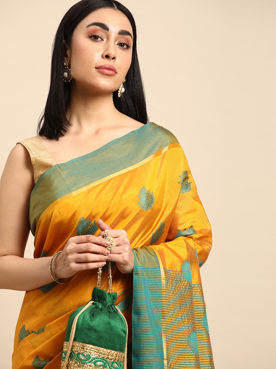 

Kalyan Silks Floral Printed Zari Semi Tussar Silk Saree, Mustard