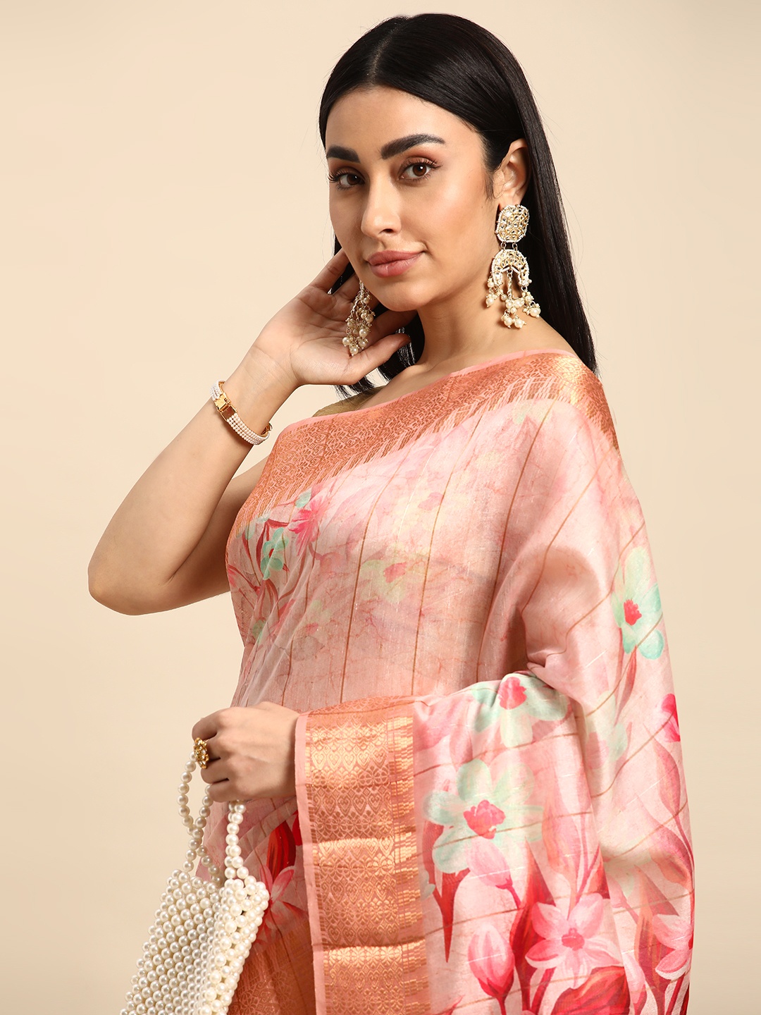 

Kalyan Silks Woven Design Zari Pure Silk Tussar Saree, Peach