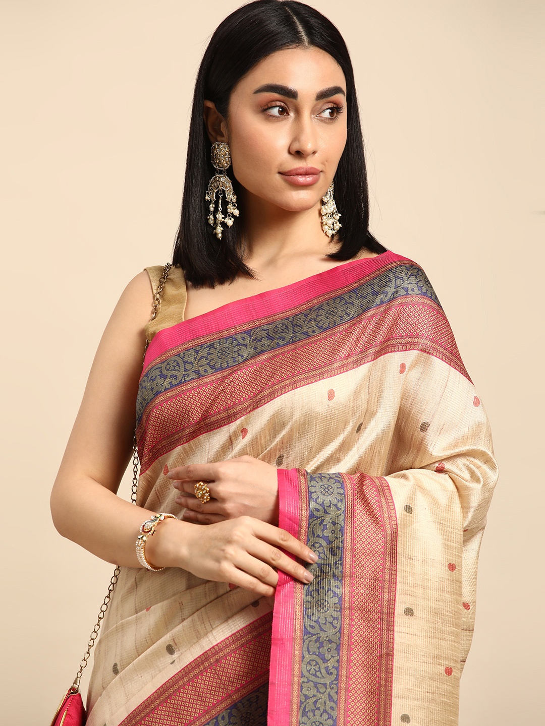 

Kalyan Silks Paisley Woven Design Pure Silk Tussar Saree, Cream