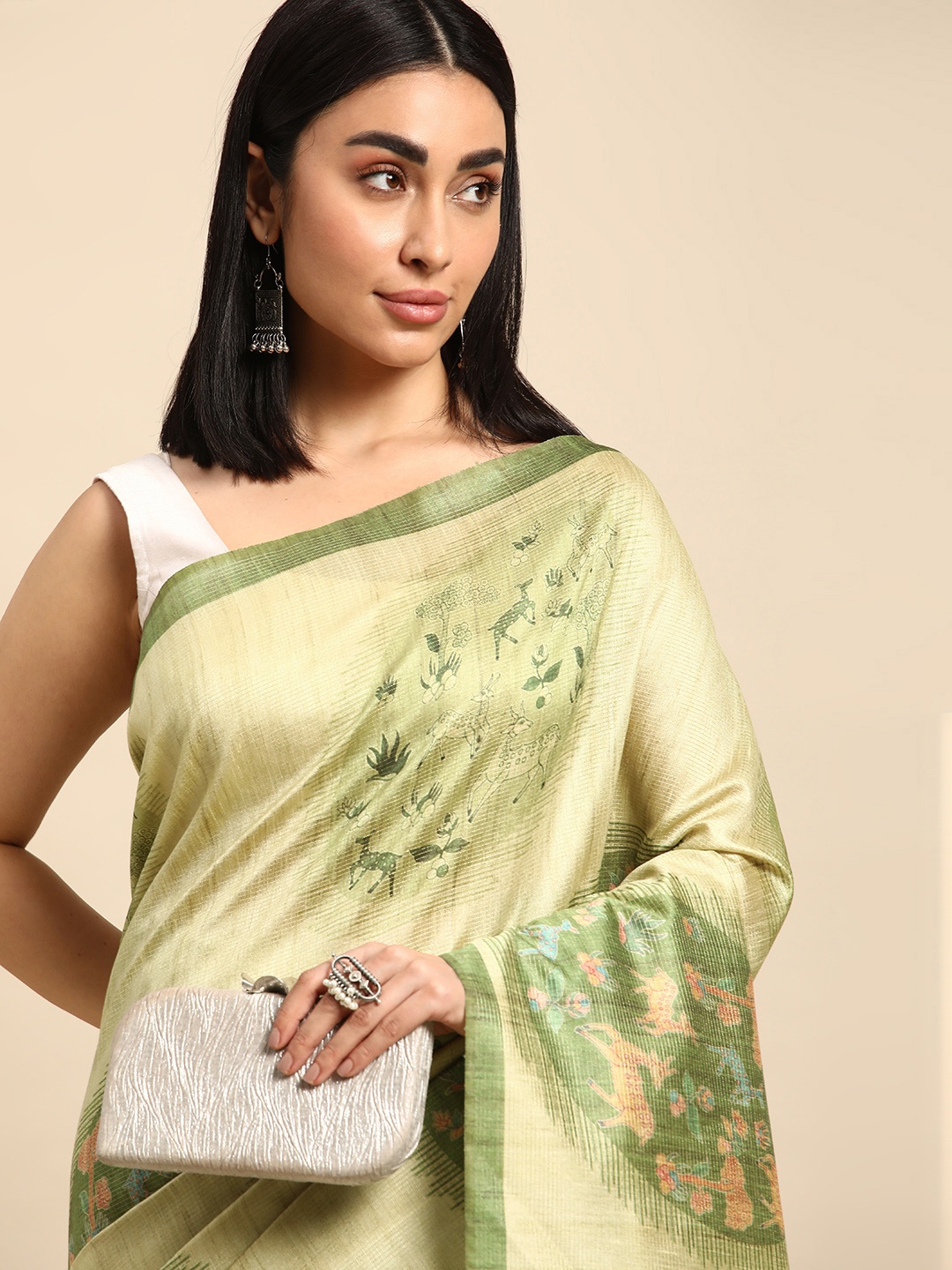 

Kalyan Silks Ethnic Motifs Pure Silk Tussar Saree, Green