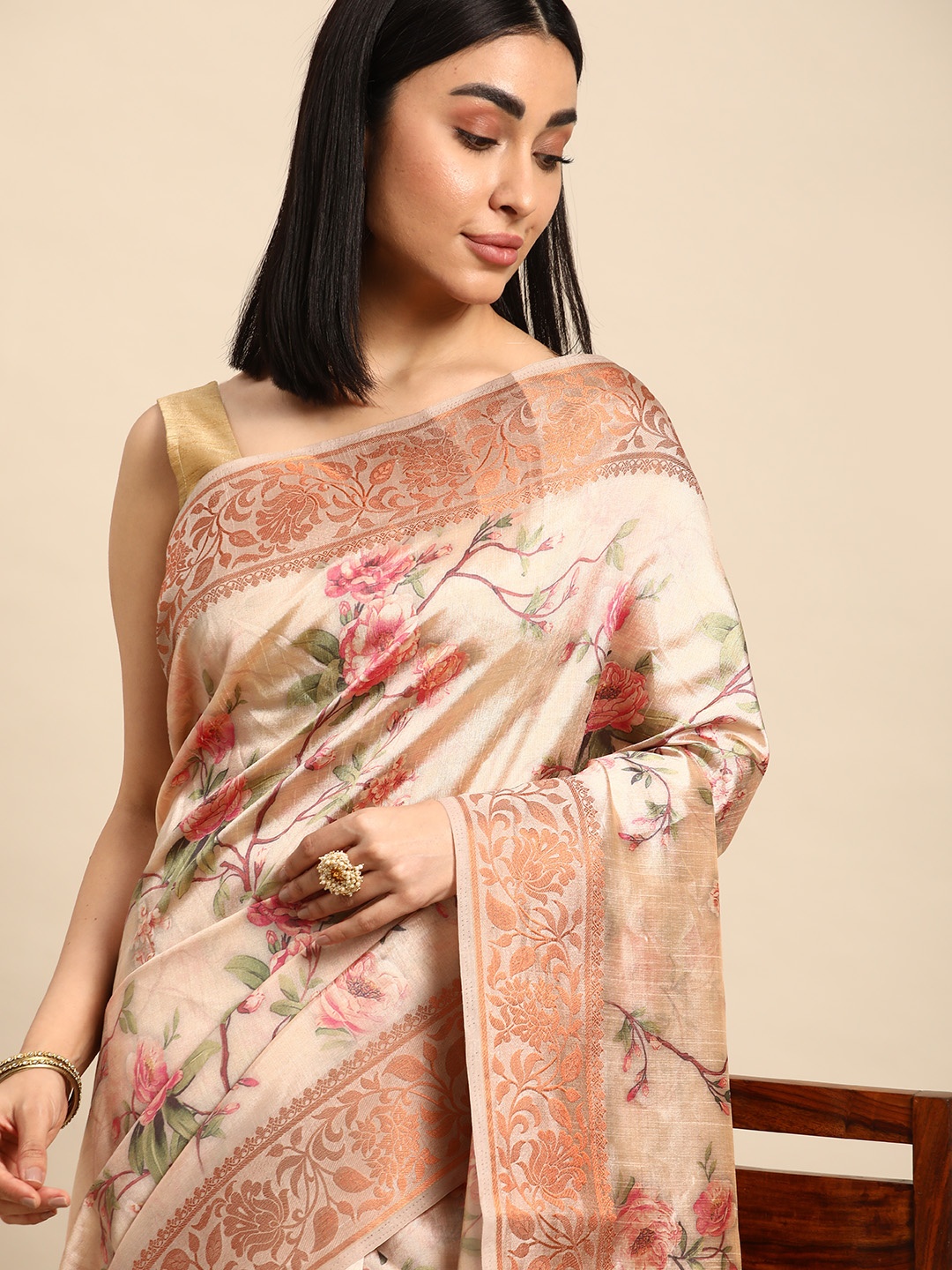 

Kalyan Silks Floral Zari Pure Silk Tussar Saree, Peach