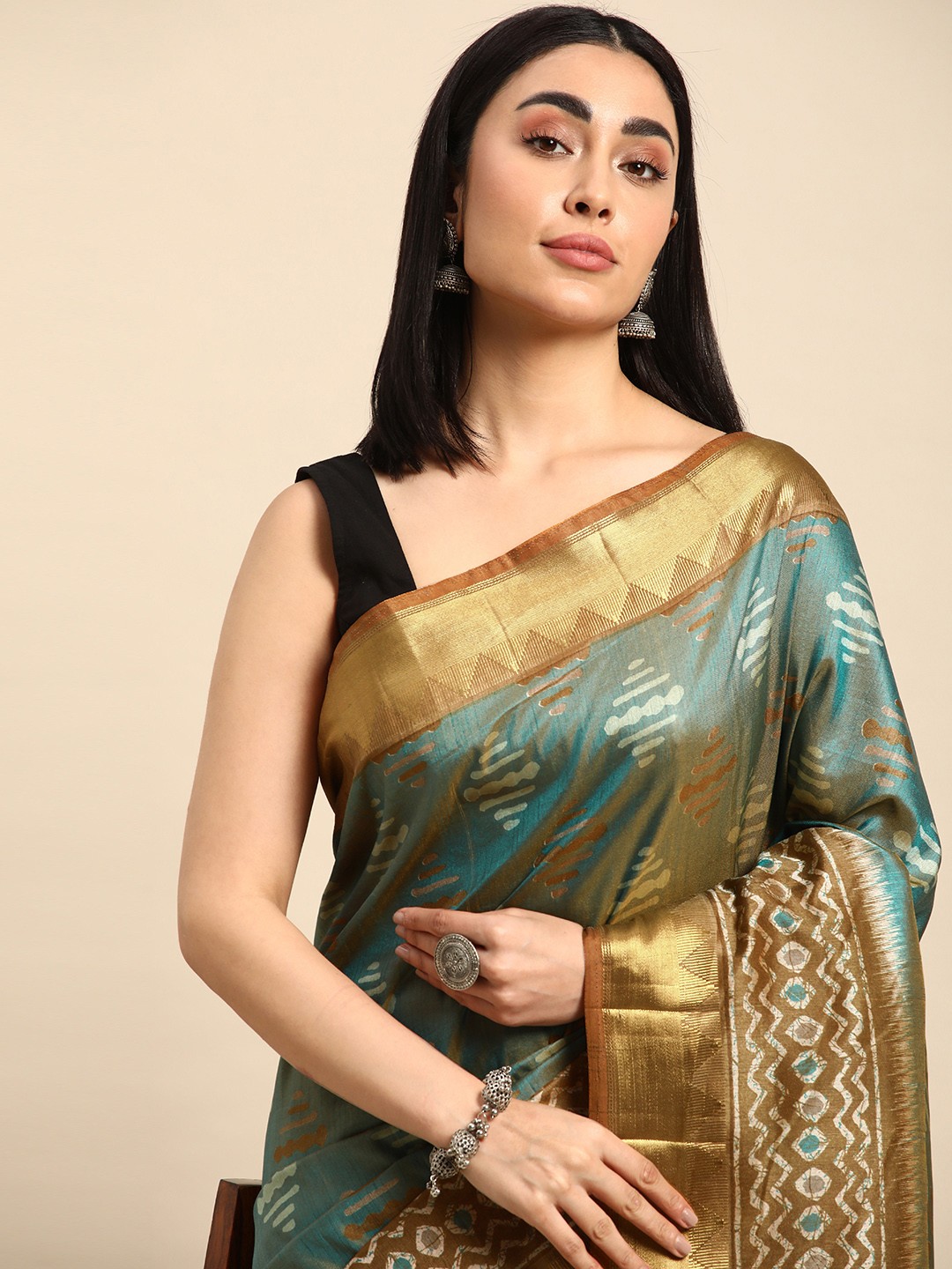 

Kalyan Silks Ethnic Motifs Printed Pure Silk Tussar Saree, Blue
