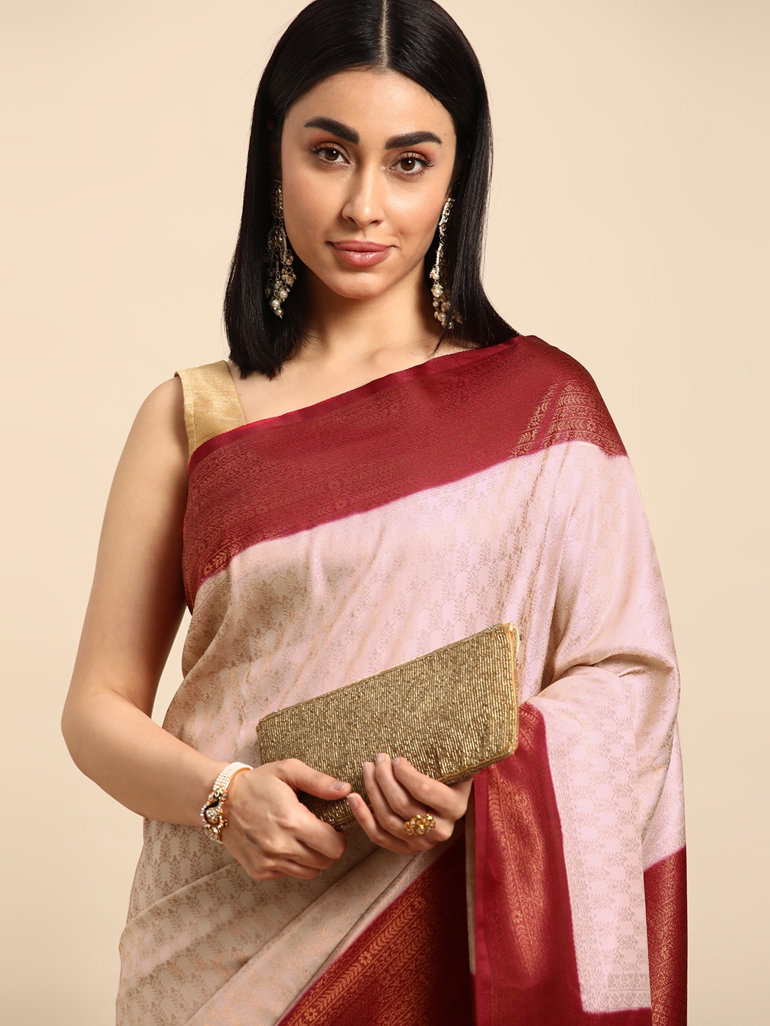 

Kalyan Silks Ethnic Motifs Woven Design Zari Brocade Kasavu Saree, Cream