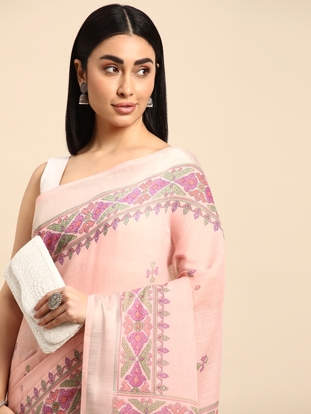 

Kalyan Silks Ethnic Motifs Woven Design Cotton Linen Saree, Pink