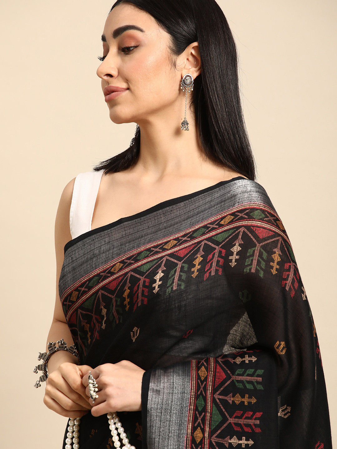 

Kalyan Silks Ethnic Motifs Printed Cotton Linen Saree, Black