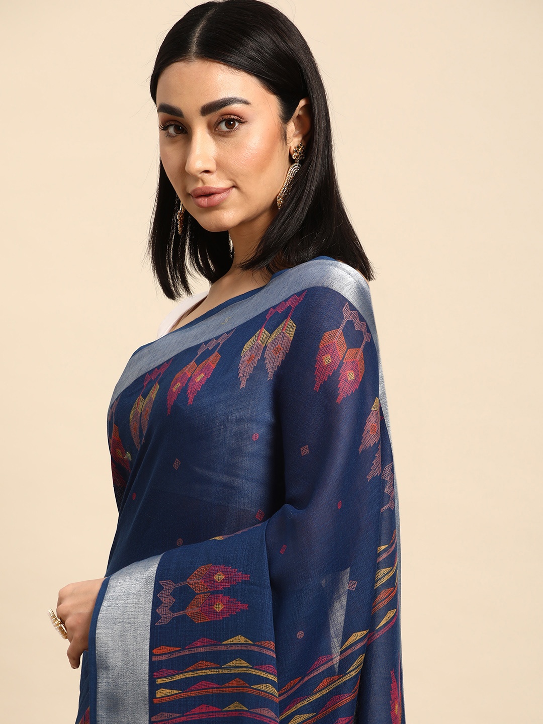 

Kalyan Silks Ethnic Motifs Printed Cotton Linen Saree, Blue