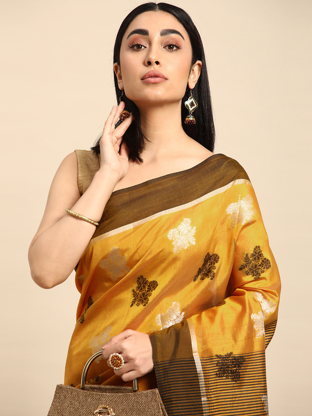 

Kalyan Silks Ethnic Motifs Printed Pure Silk Tussar Saree, Mustard