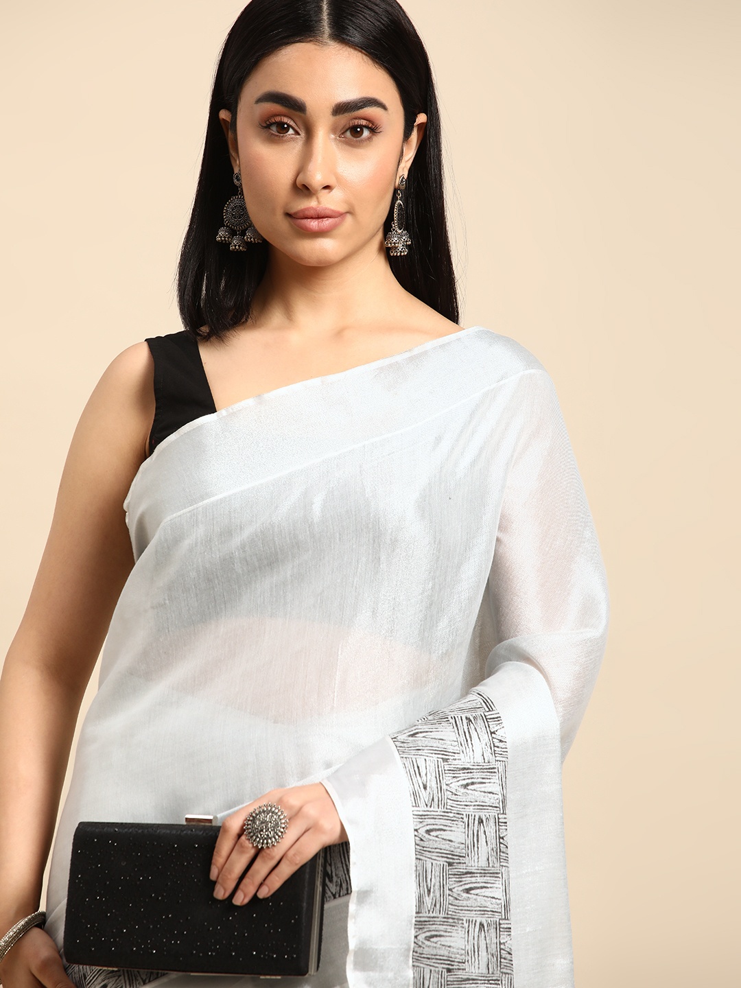 

Kalyan Silks Minimal Abstract Printed Tissue Silk Kasavu Saree, Silver