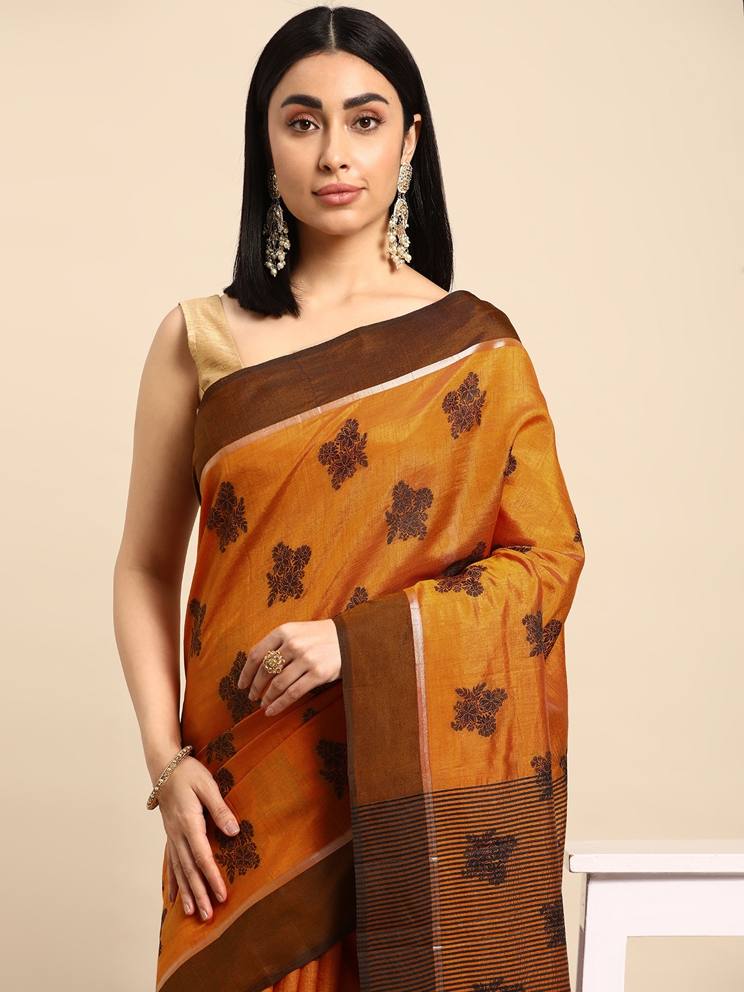 

Kalyan Silks Floral Woven Design Zari Pure Silk Tussar Saree, Orange