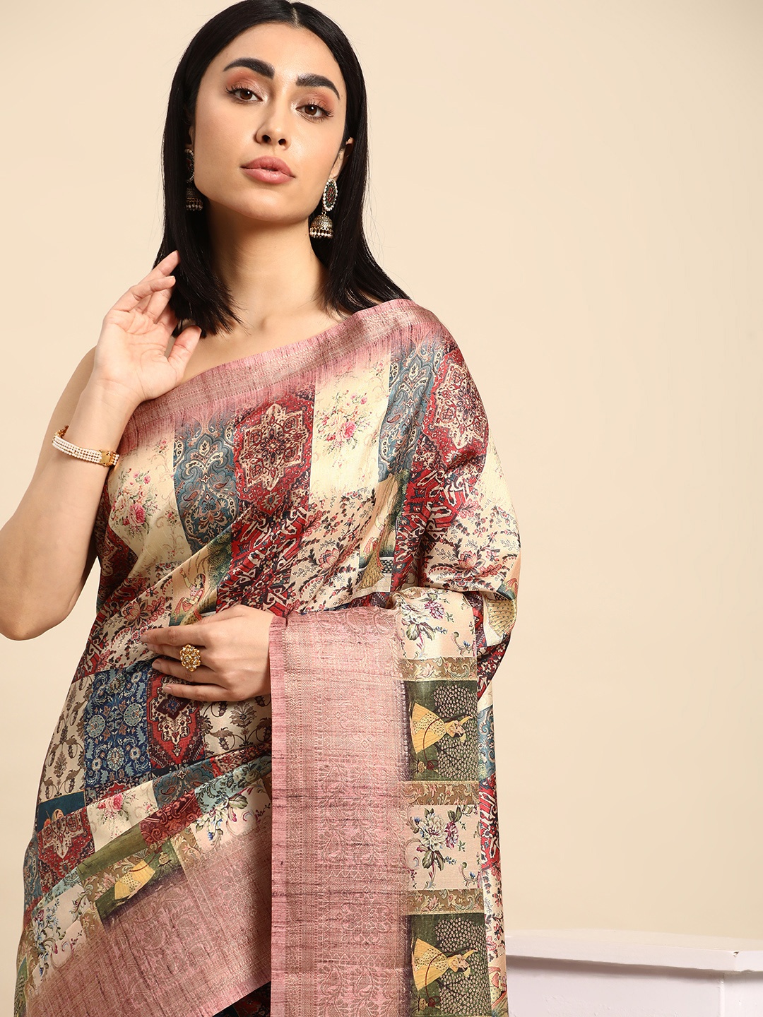 

Kalyan Silks Ethnic Motifs Print Zari Pure Silk Tussar Saree, Cream