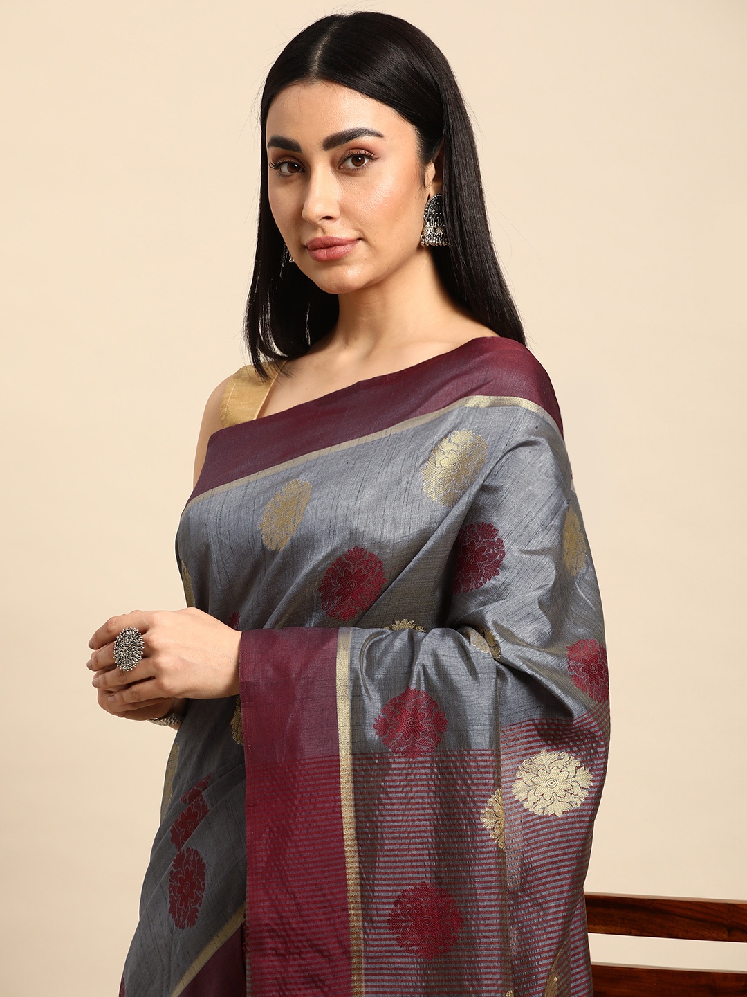 

Kalyan Silks Floral Woven Design Semi Tussar Silk Saree, Grey