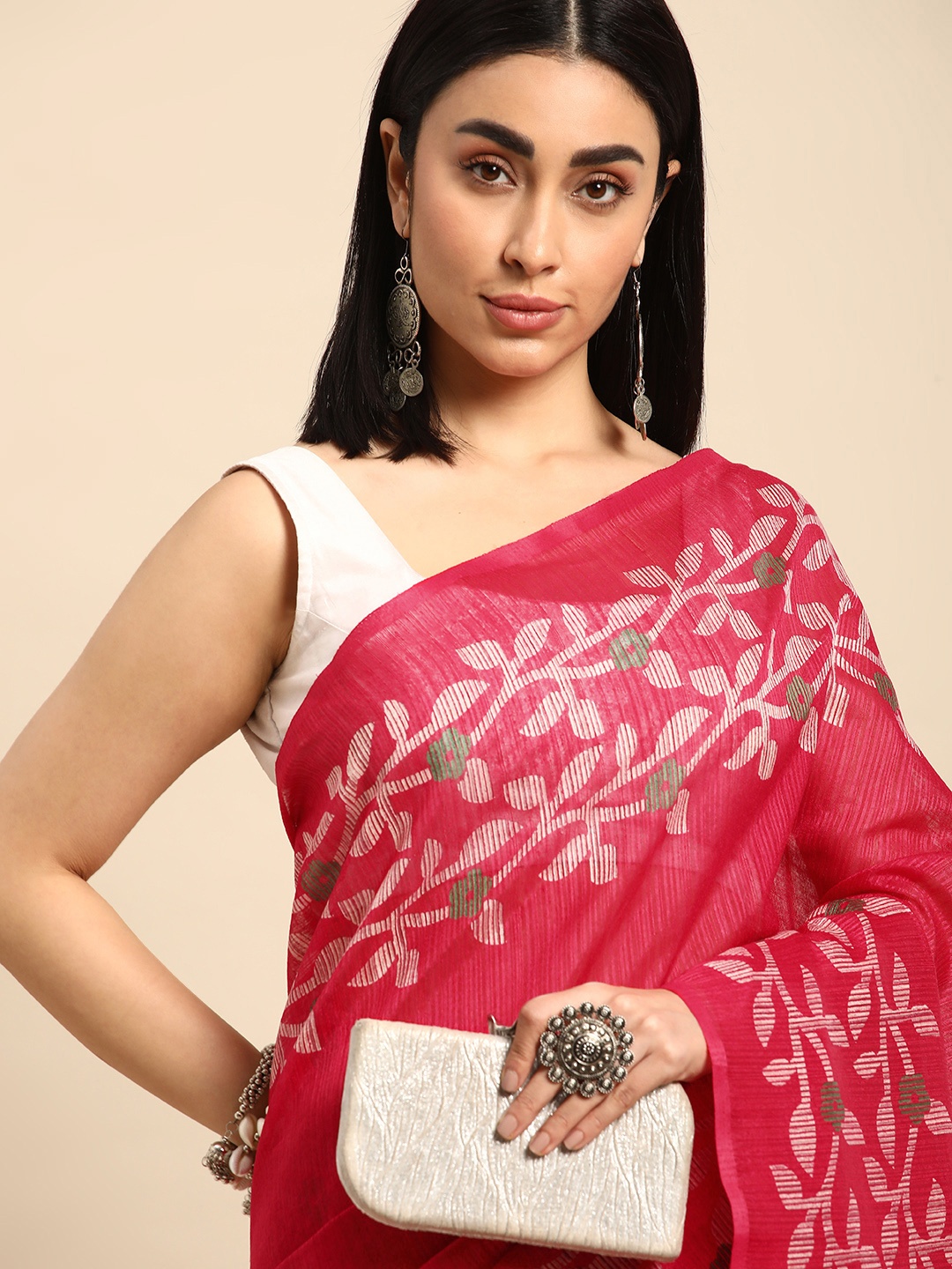 

Kalyan Silks Floral Printed Jute Silk Tussar Saree, Red