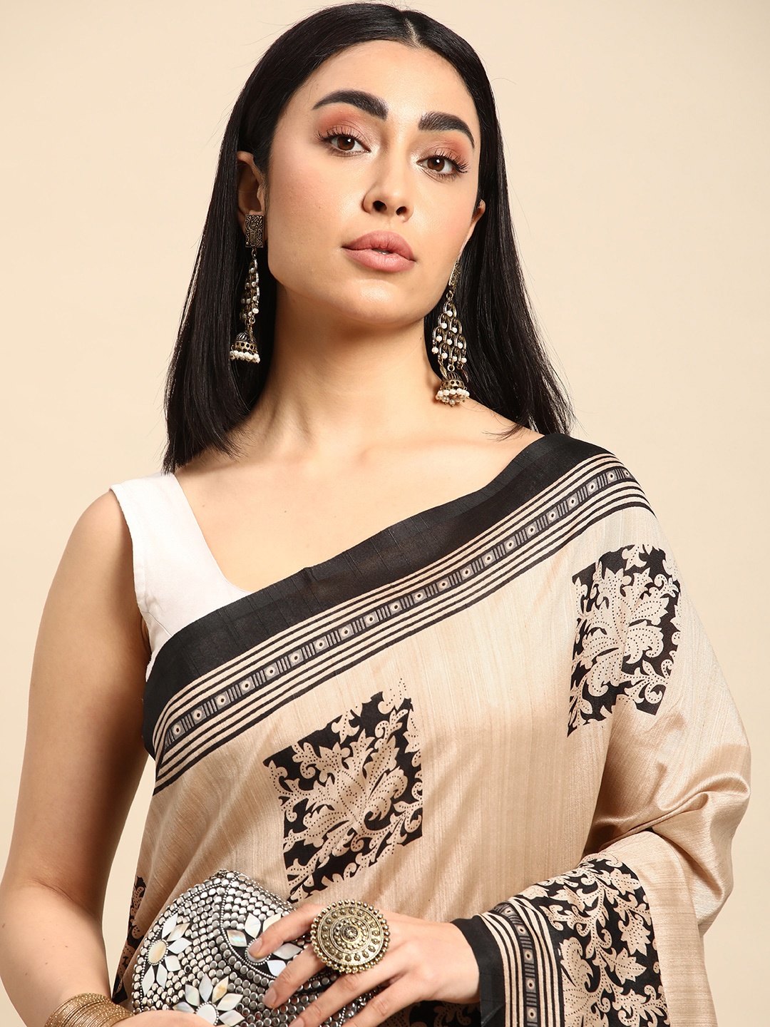 

Kalyan Silks Ethnic Motifs Pure Silk Tussar Saree, Cream