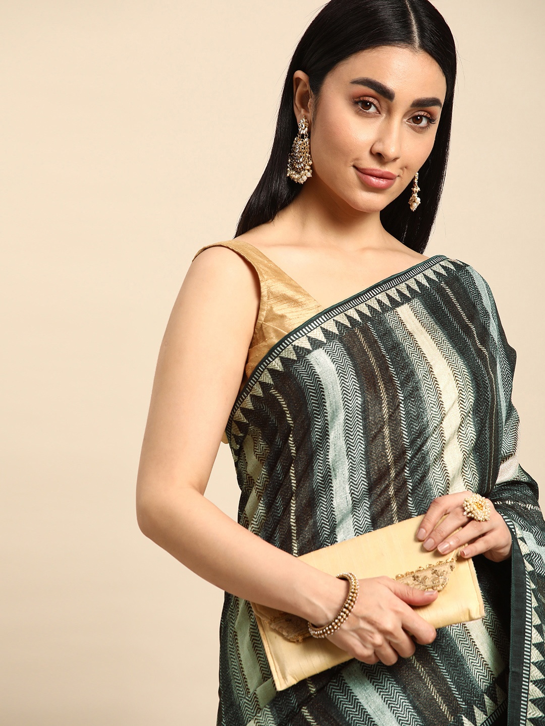 

Kalyan Silks Striped Poly Chiffon Bagh Saree, Black