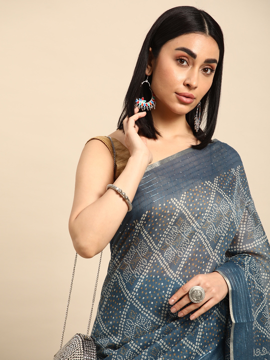 

Kalyan Silks Bandhani Printed Sequinned Tussar Saree, Blue