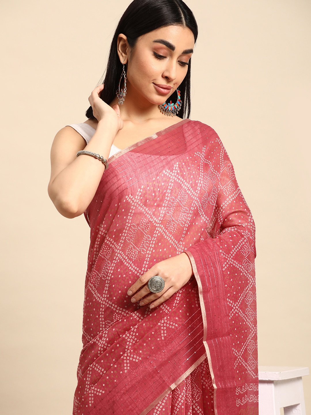 

Kalyan Silks Bandhani Sequinned Jute Silk Tussar Saree, Pink