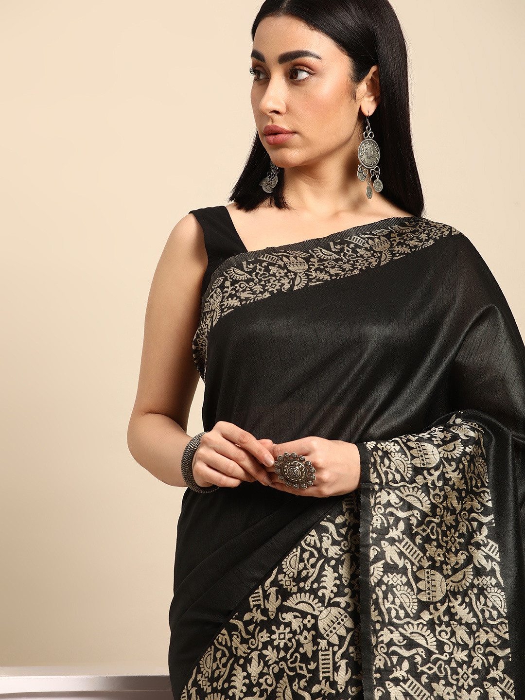 

Kalyan Silks Solid Jute Silk Tussar Saree, Black