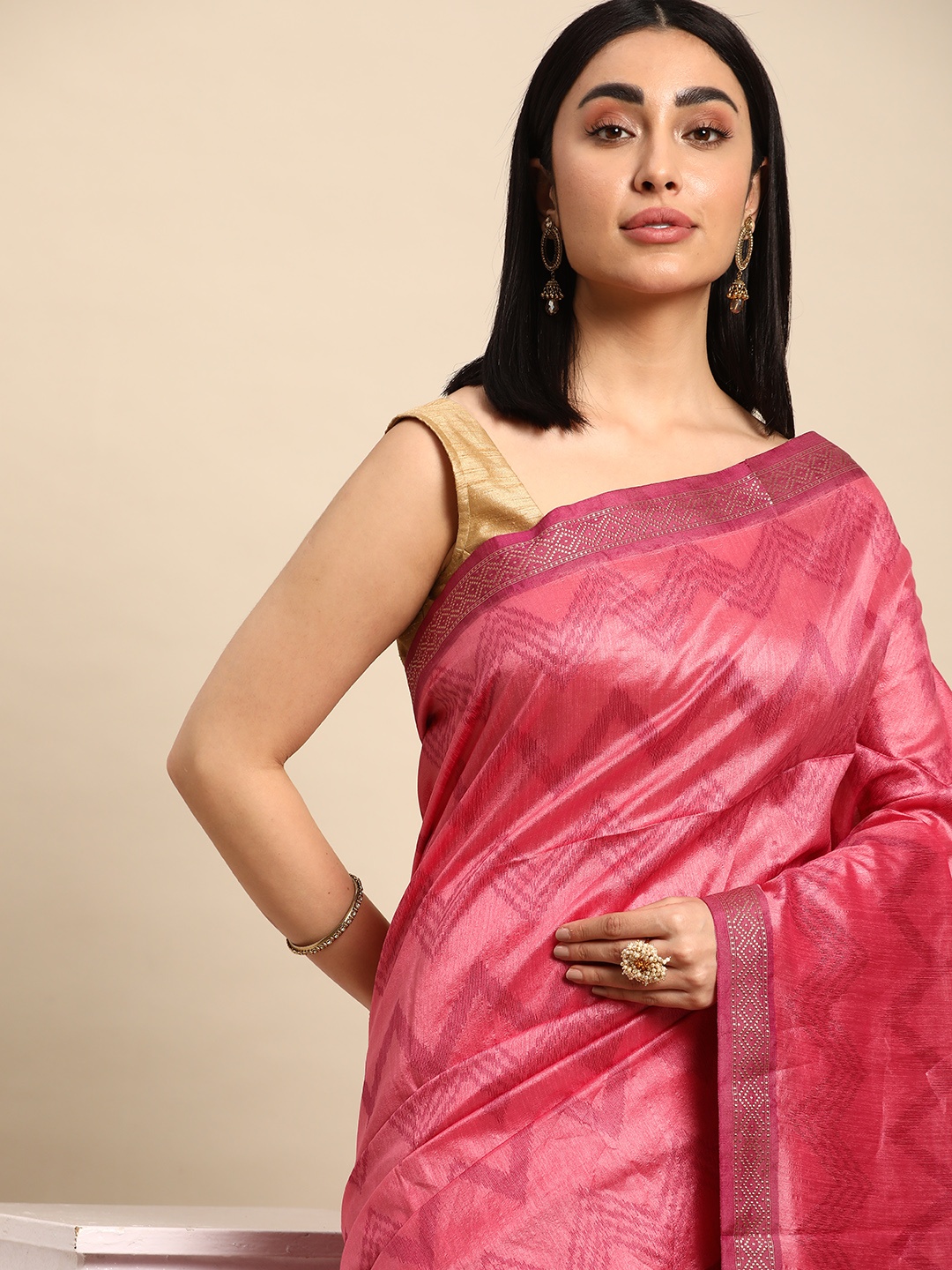 

Kalyan Silks Sequinned Pure Silk Tussar Saree, Pink