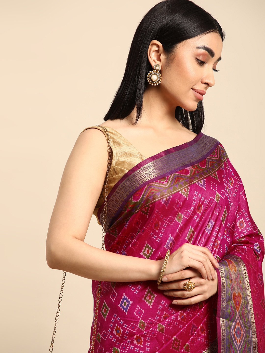 

Kalyan Silks Ethnic Motifs Zari Pure Silk Tussar Saree, Pink