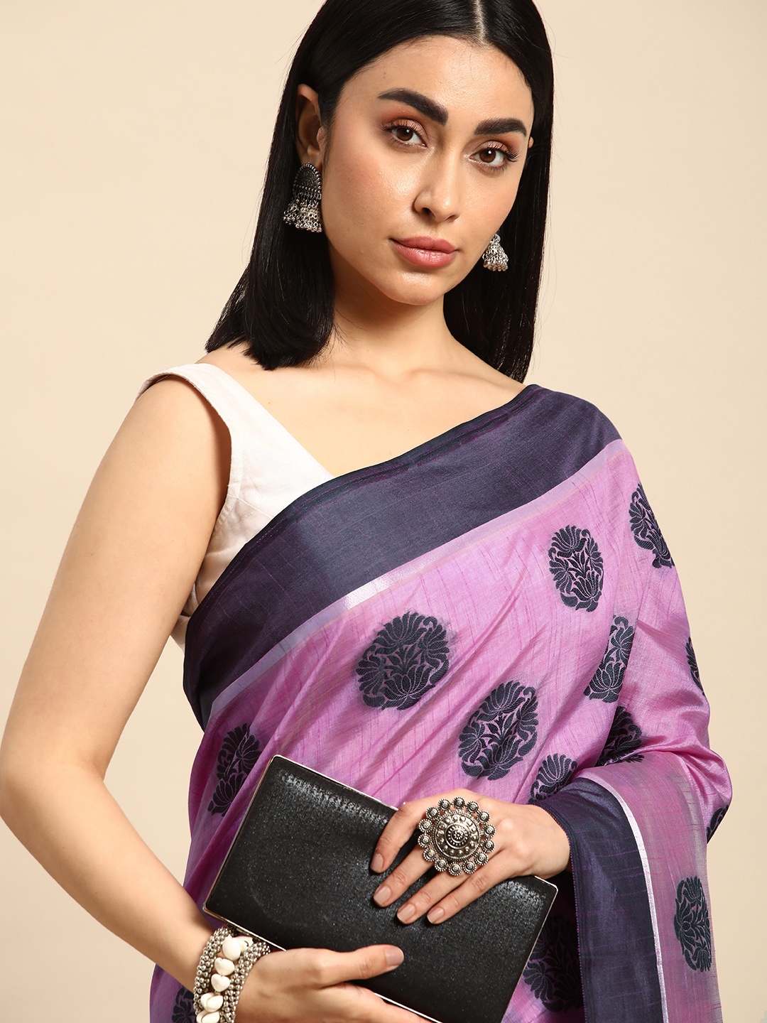 

Kalyan Silks Floral Woven Design Semi Tussar Silk Saree, Pink