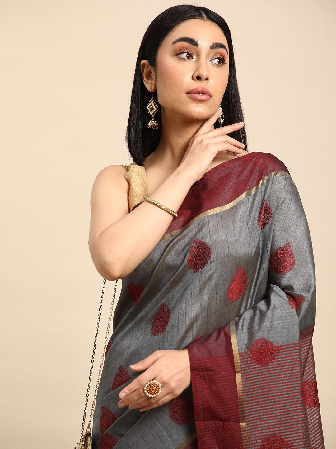 

Kalyan Silks Floral Woven Design Semi Tussar Silk Saree, Grey