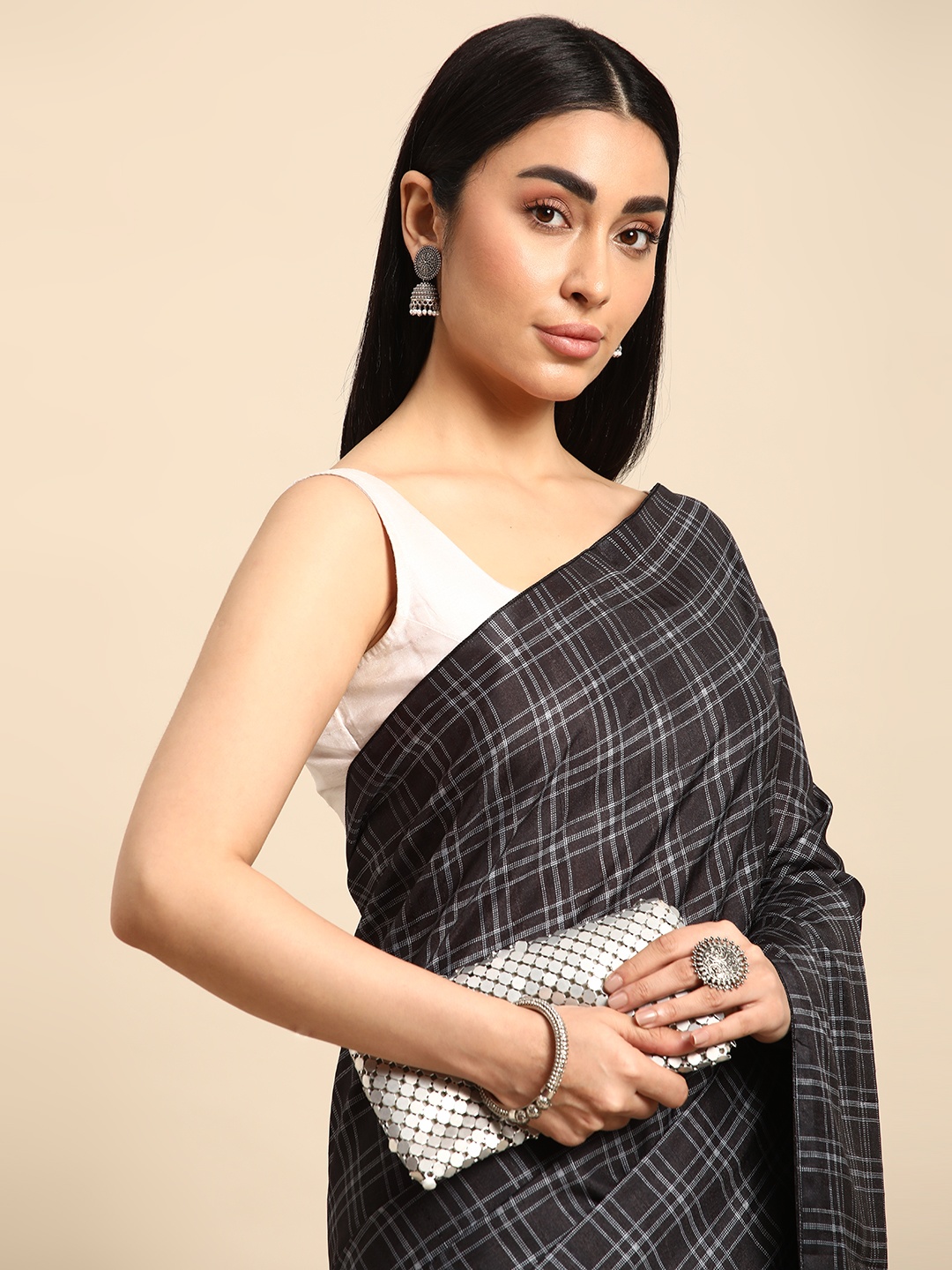 

Kalyan Silks Checked Pure Silk Tussar Saree, Black