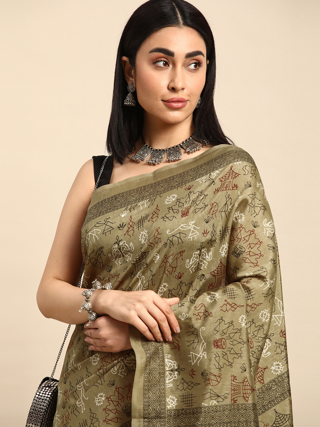 

Kalyan Silks Warli Printed Pure Silk Tussar Saree, Green