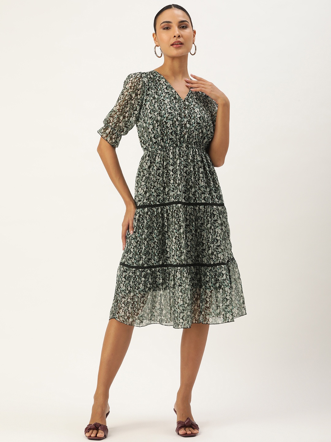 

ROVING MODE Floral Print Puff Sleeve Georgette A-Line Midi Dress, Black