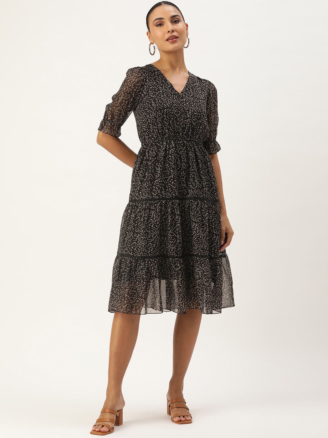 

ROVING MODE Printed Puff Sleeve Georgette A-Line Midi Dress, Black