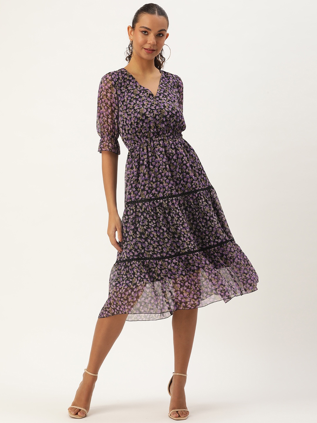 

ROVING MODE Floral Print Puff Sleeve Georgette A-Line Midi Dress, Purple