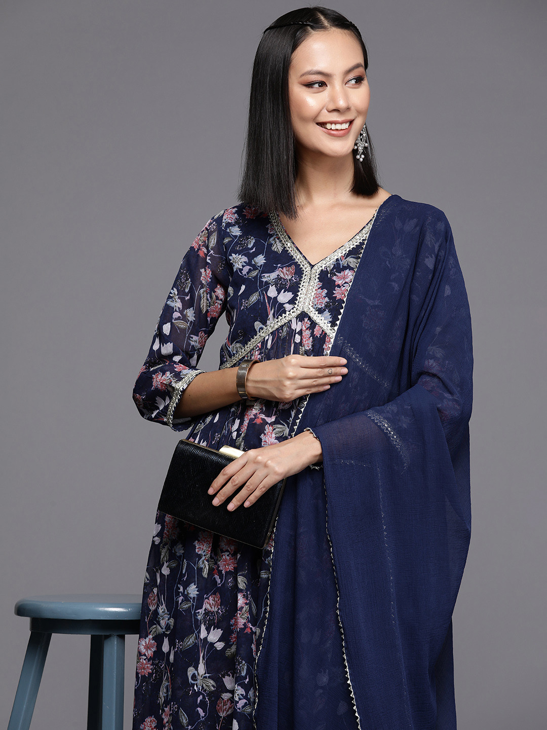 

Varanga Floral Printed Pleated Gotta Patti Silk Georgette Kurta with Trousers & Dupatta, Navy blue