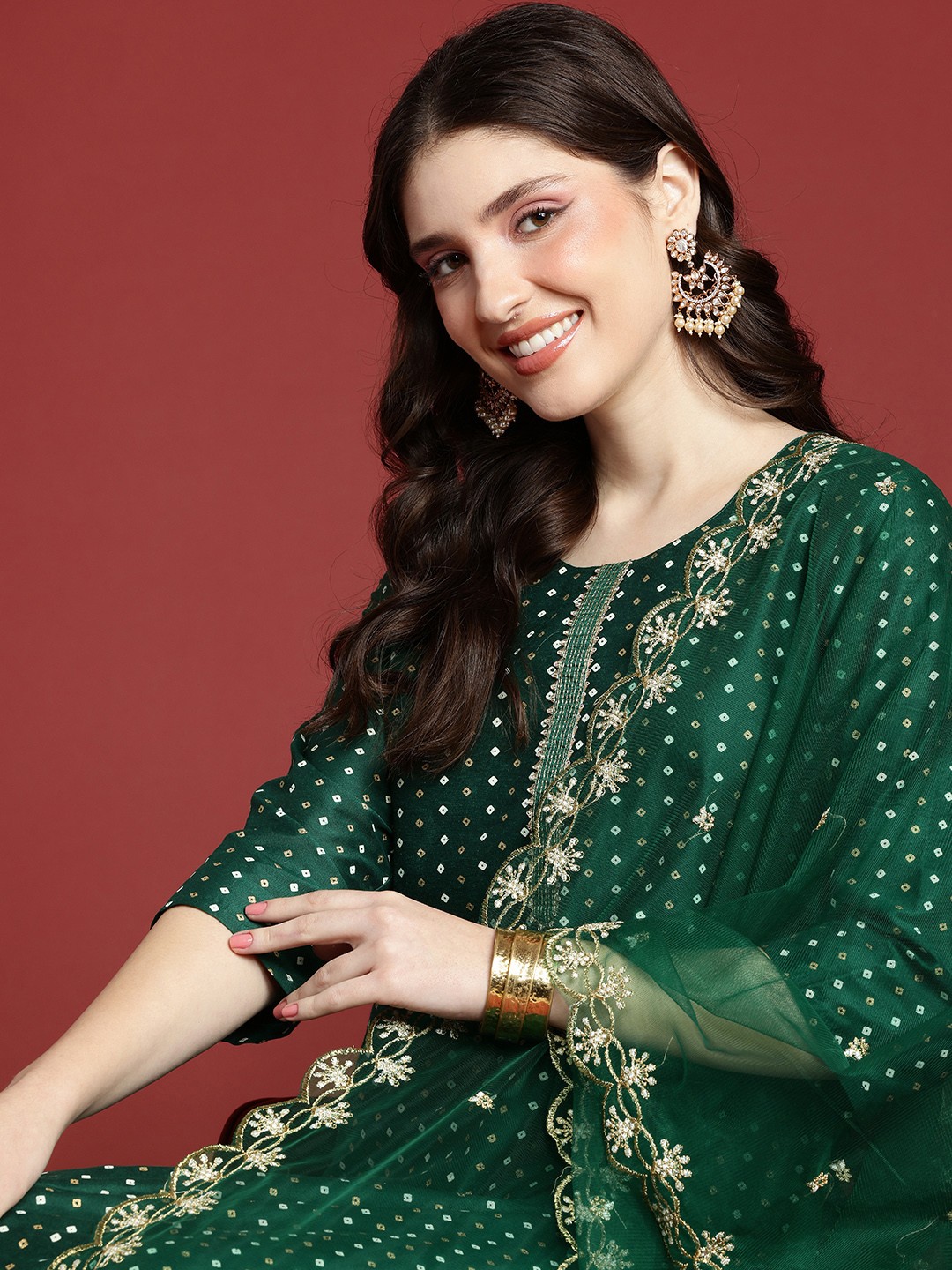 

Anouk Women Bandhani Printed Regular Gotta Patti Kurta with Trousers & With Dupatta, Green