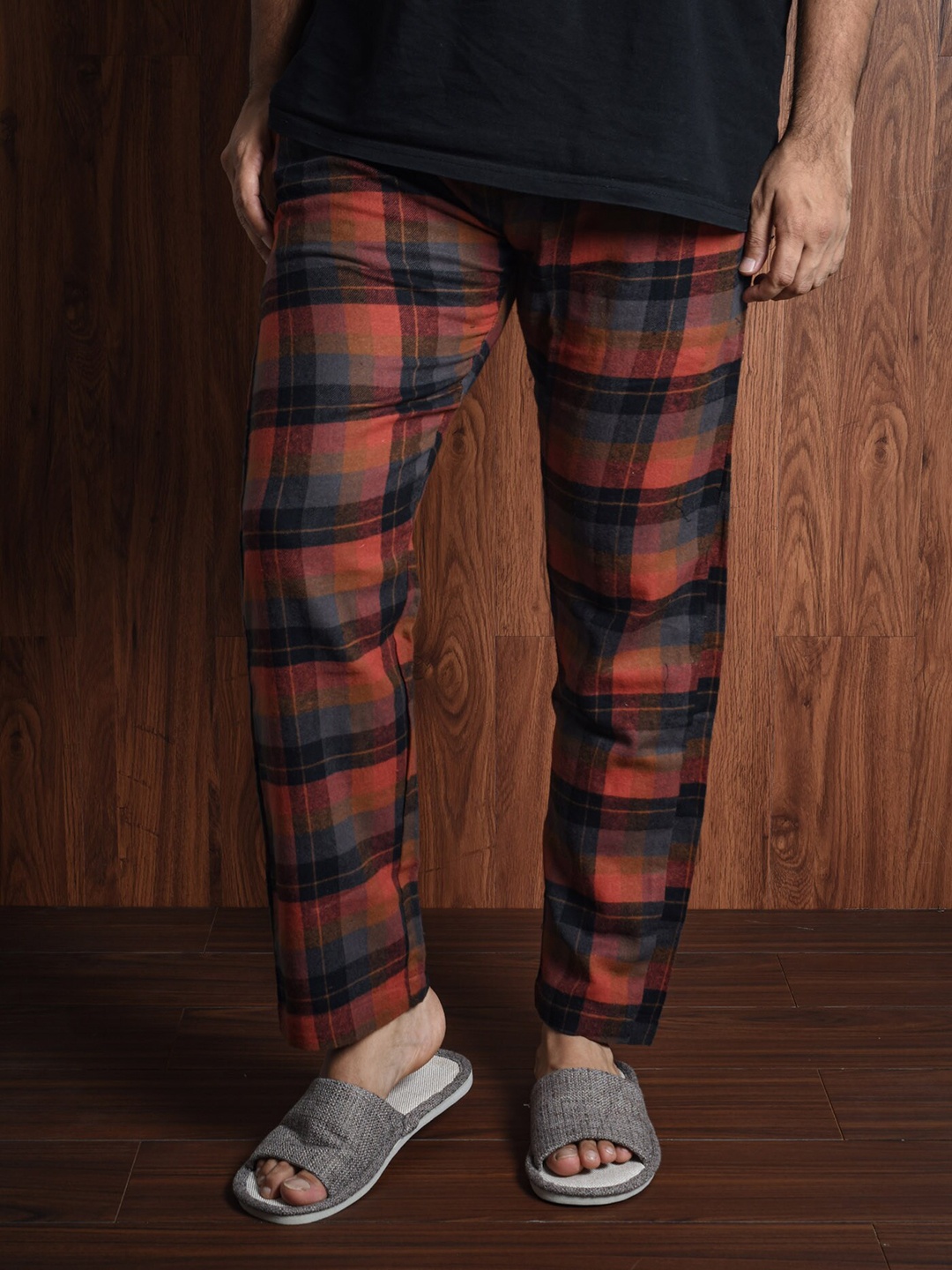 

BOMBAY TROOPER Men Mid-Rise Checked Cotton Straight Lounge Pants, Red
