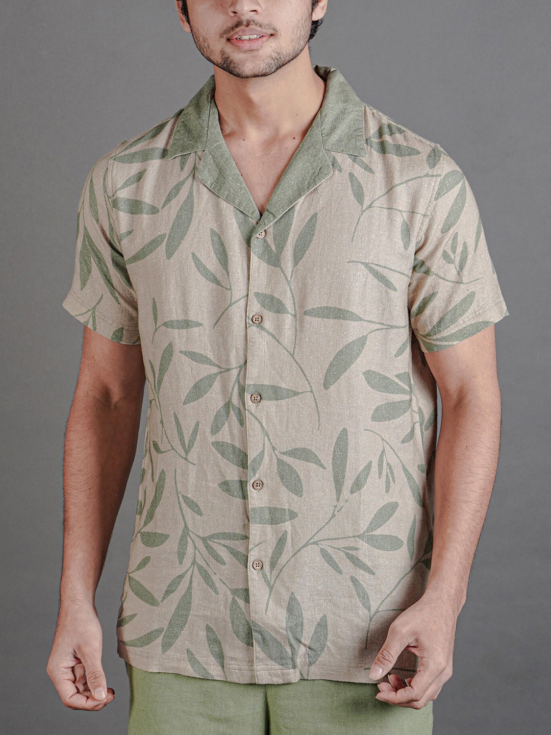 

BOMBAY TROOPER Classic Floral Printed Cuban Collar Linen Casual Shirt, Green