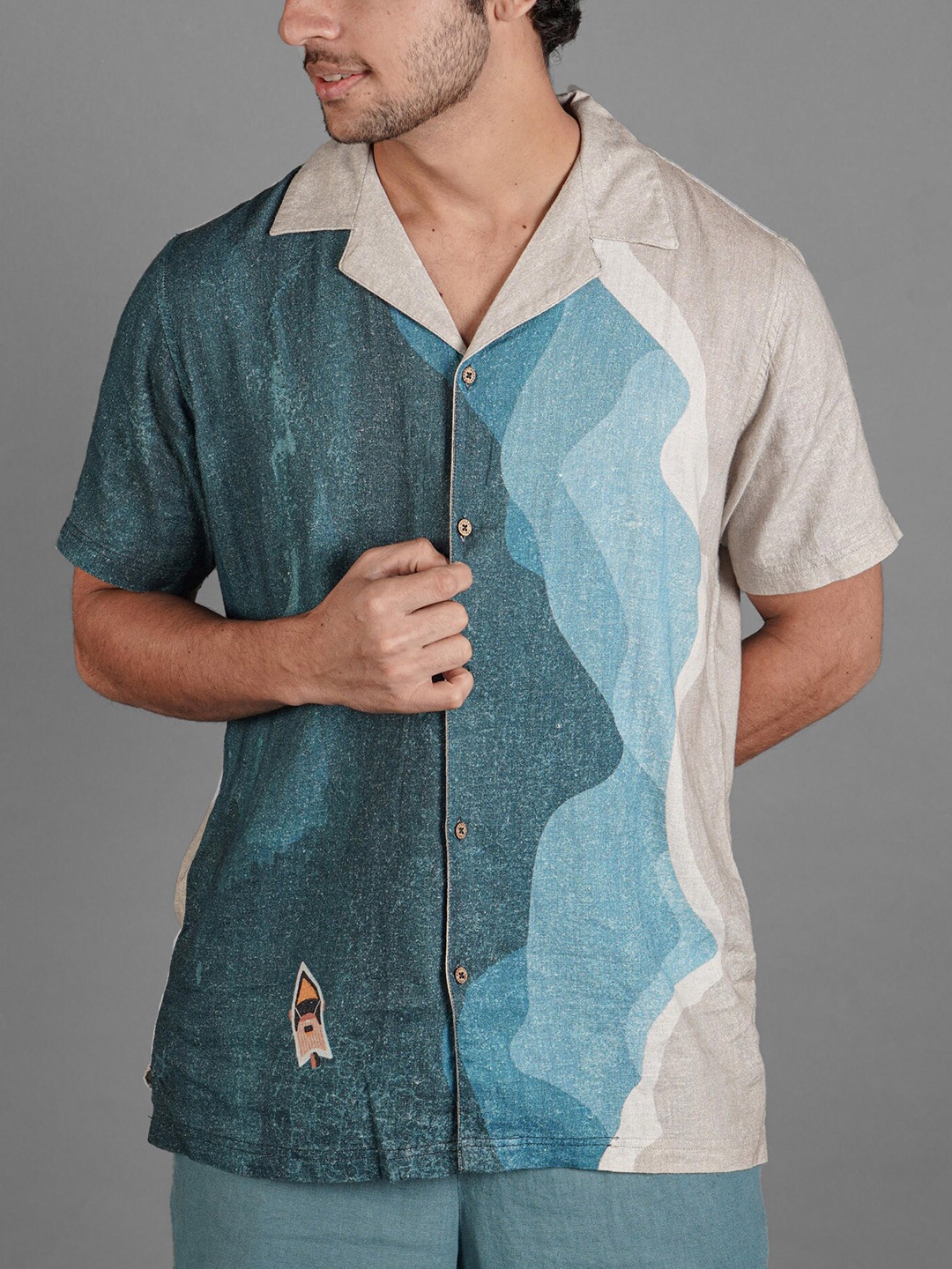 

BOMBAY TROOPER Classic Abstract Printed Cuban Collar Linen Casual Shirt, Blue