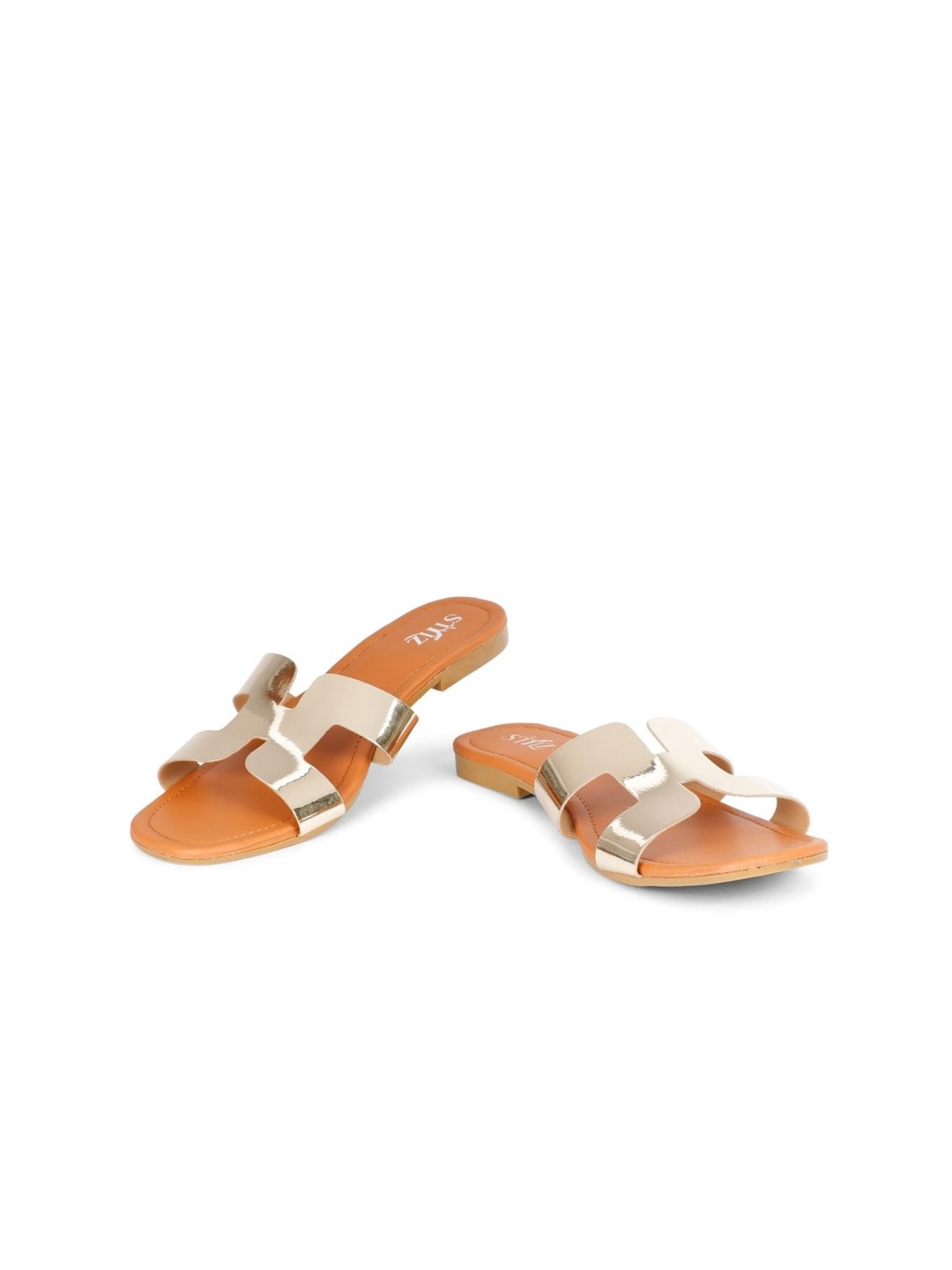 

stylzrepublic Cut-Out Detail Open Toe Flats, Gold
