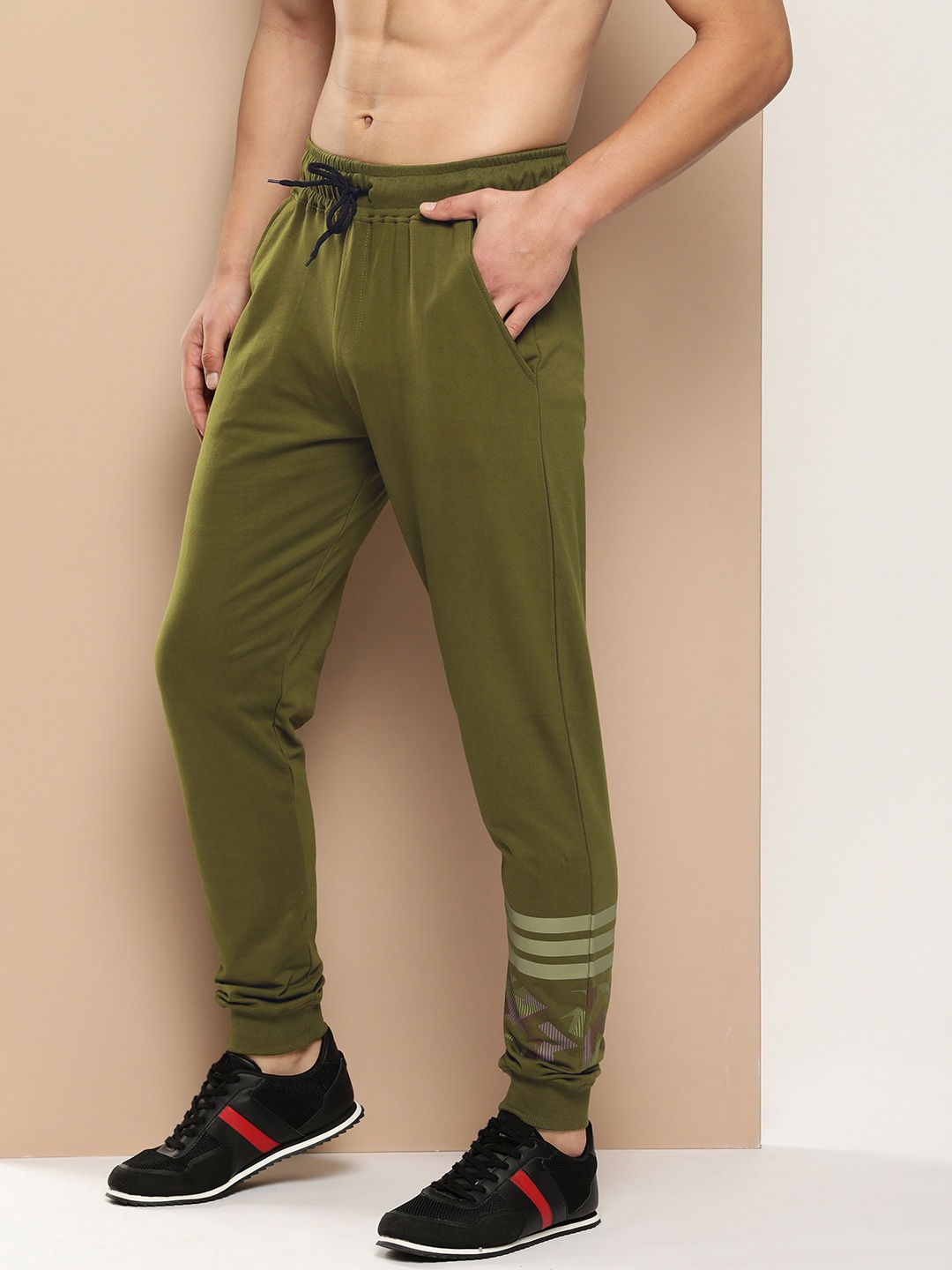 

HERE&NOW Striped Pure Cotton Joggers, Olive