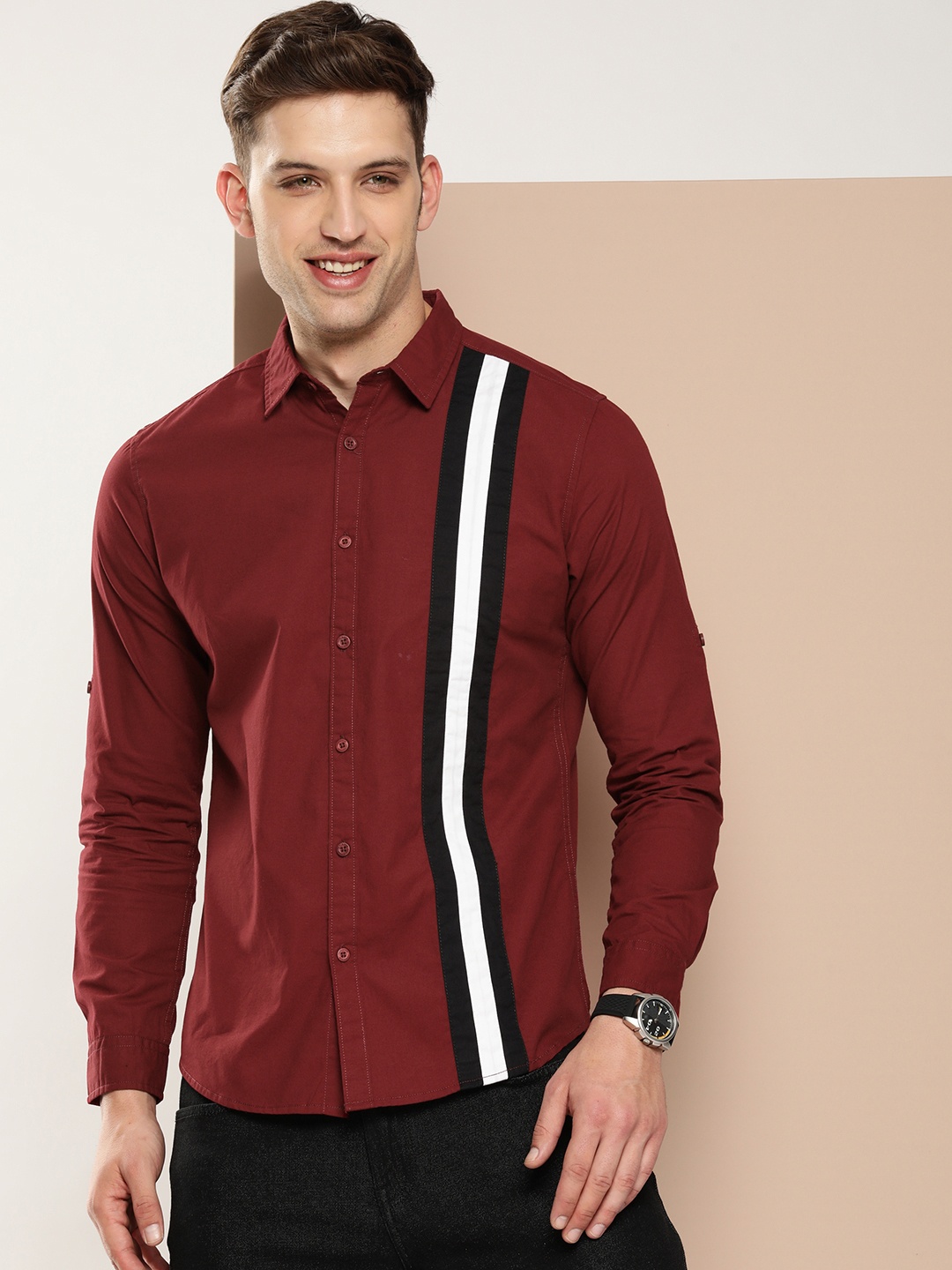 

HERE&NOW Men Slim Fit Opaque Striped Casual Shirt, Maroon