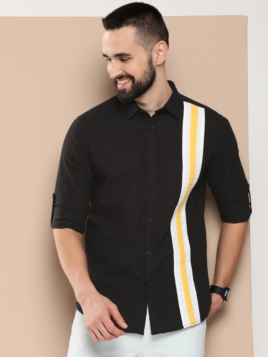 

HERE&NOW Men Slim Fit Opaque Striped Casual Shirt, Black