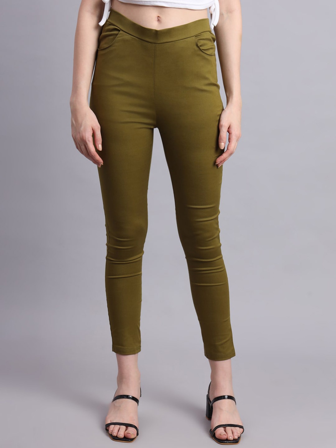 

Vastraa Fusion Women Smart Plain Skinny Fit Cigarette Trousers, Olive