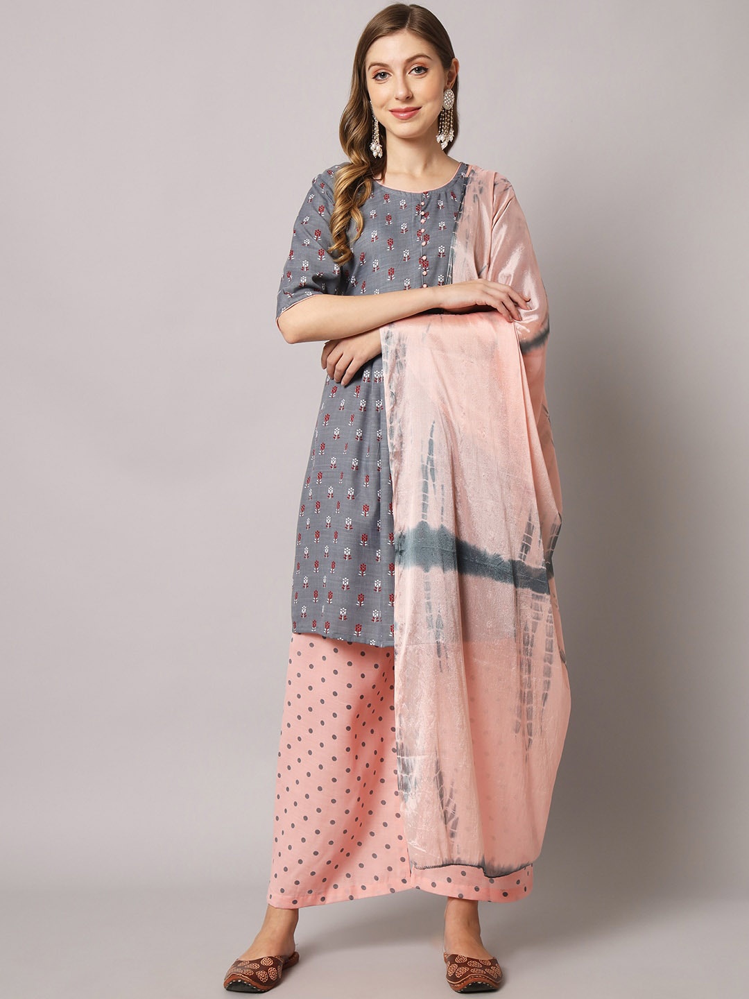 

Sun Fashion And Lifestyle Ethnic Motifs Printed A-Line Kurta & Palazzos With Dupatta, Grey