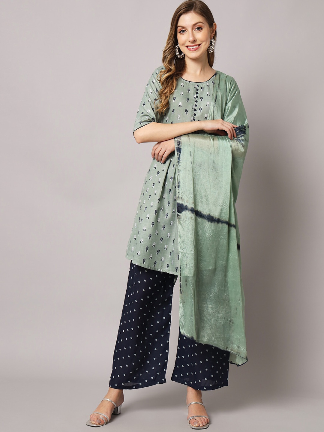 

Sun Fashion And Lifestyle Ethnic Motifs Printed A-Line Kurta & Palazzos With Dupatta, Green