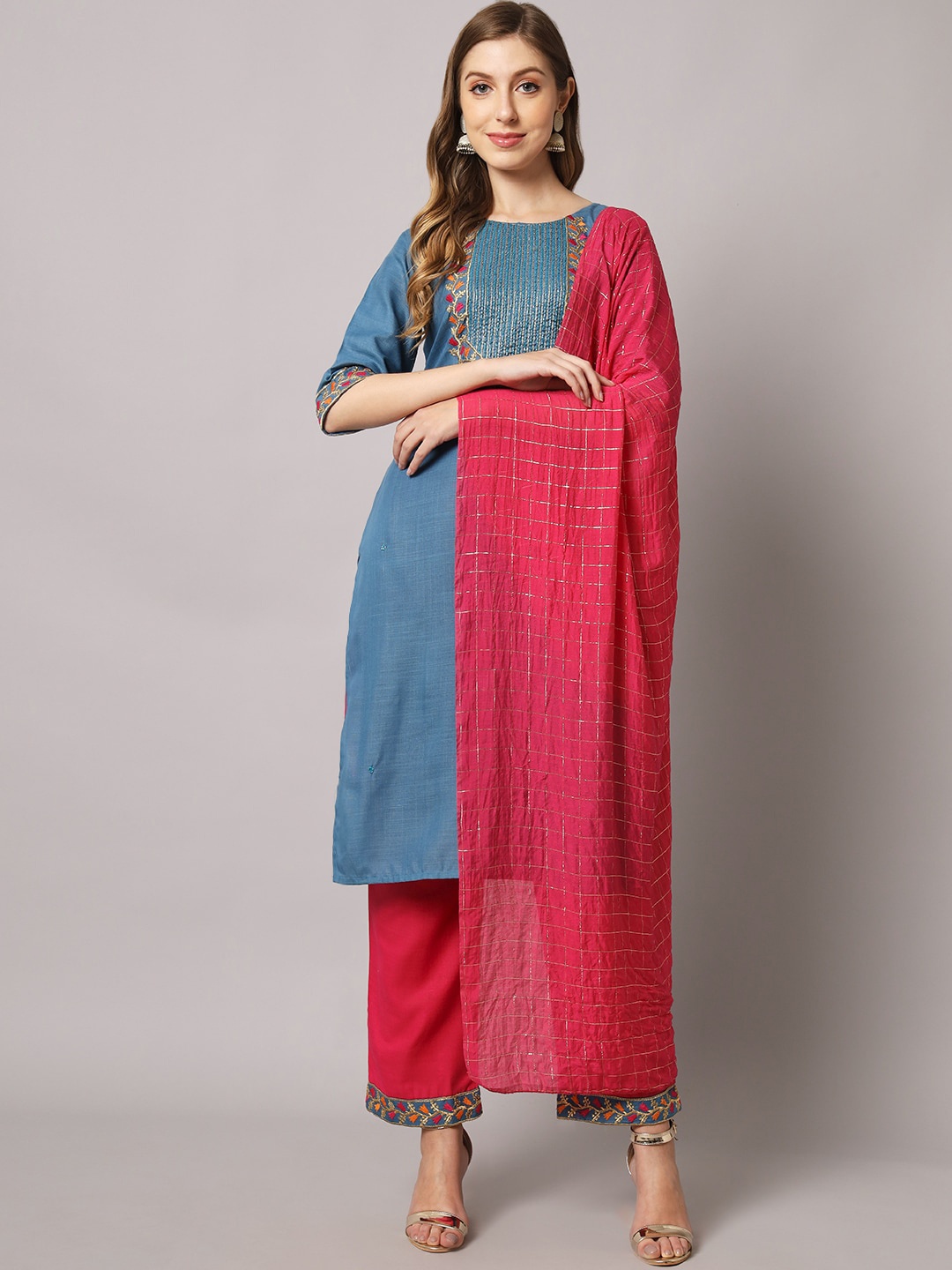 

Sun Fashion And Lifestyle Thread Work Kurta & Trousers With Duaptta, Pink