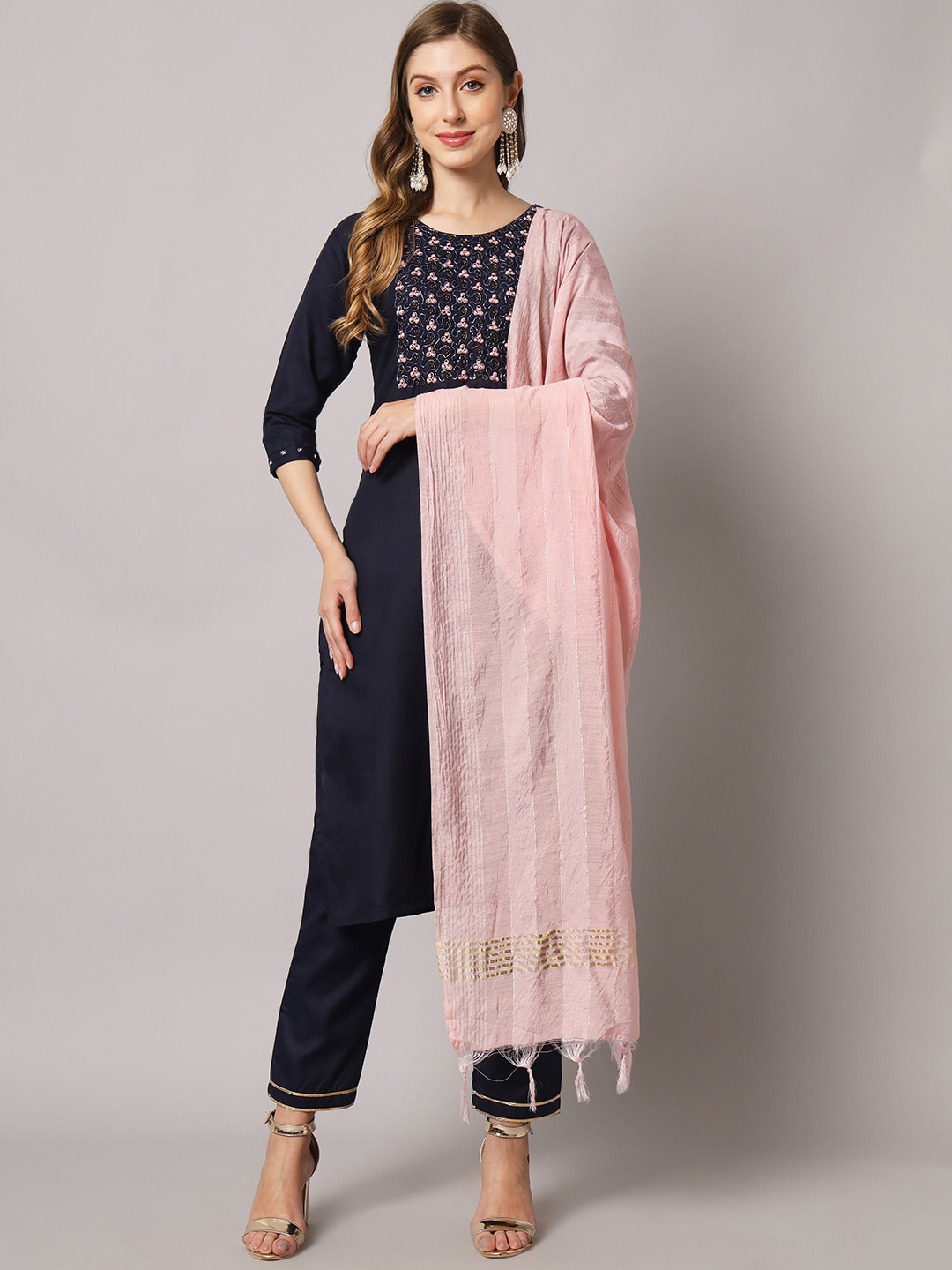 

Sun Fashion And Lifestyle Beads & Stones Detailed Straight Kurta & Pyjamas With Dupatta, Navy blue