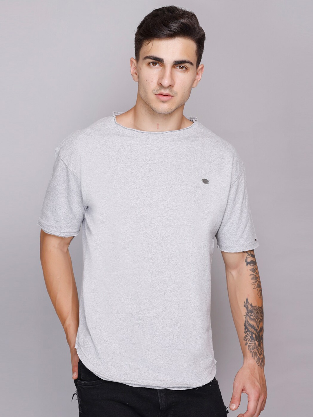 

Roadster Drop Shoulder Sleeves Cotton T-Shirt, Grey melange