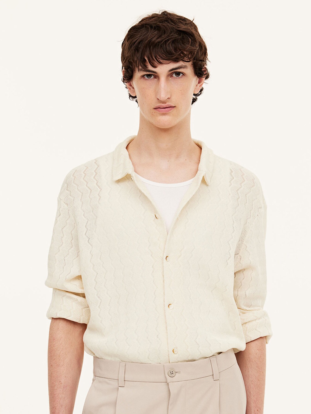 

H&M Pure Cotton Regular Fit Crochet-Look Resort Shirt, White