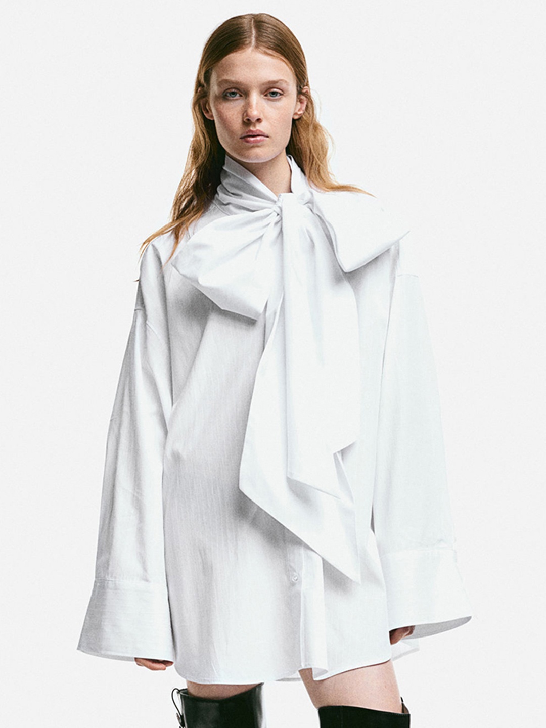 

H&M Pure Cotton Oversized Tie-Neck Shirt, White