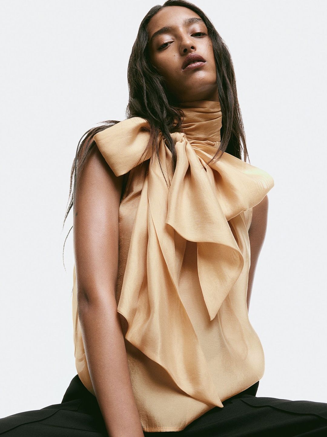 

H&M Sheer Tie-Neck Blouse, Beige