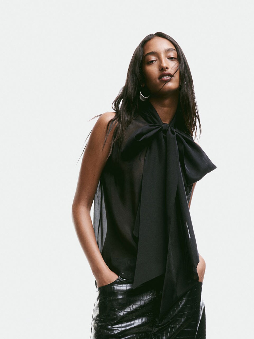 

H&M Sheer Tie-Neck Blouse, Black