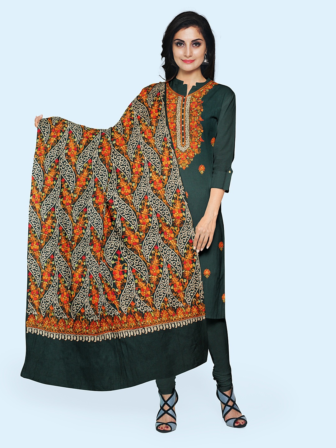 

CASMIR Floral Embroidered Pashmina Unstitched Dress Material, Green